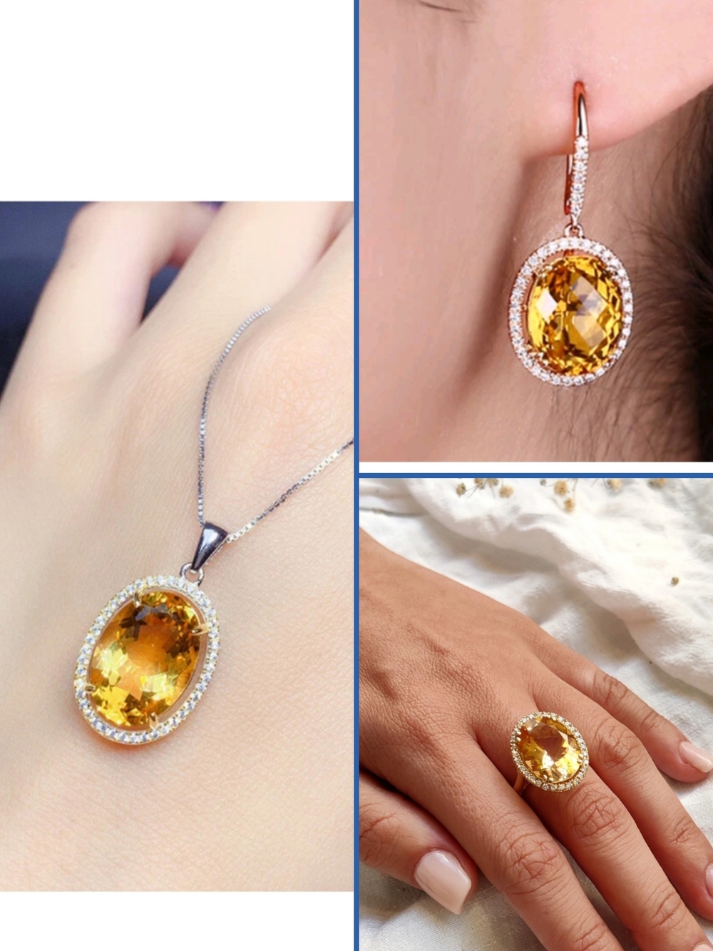 Elegant Citrine Oval Pendant, Earrings & Ring Set - Yellow Gemstone Jewelry